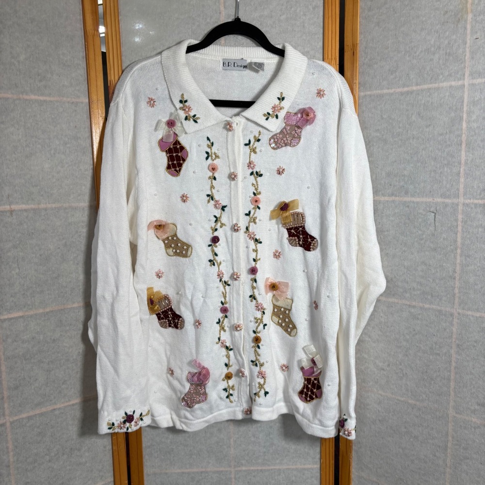 Vtg 90's‎ Beaded Christmas Sweater Embroidered Cardigan B.P. Design Ramie Cotton